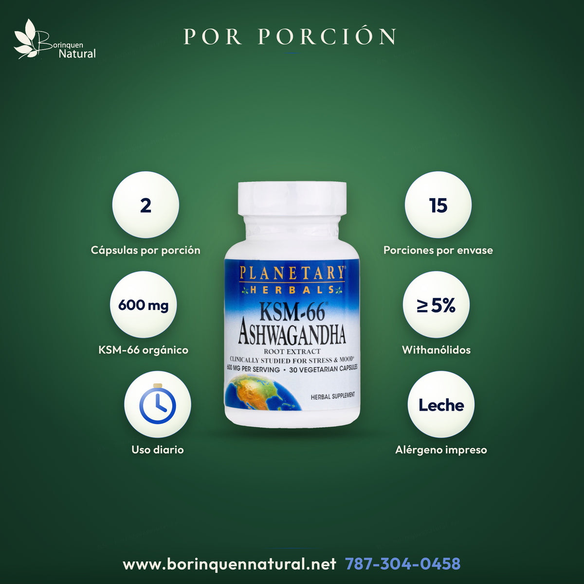 Supplement Facts de KSM-66 Ashwagandha: porción de 2 cápsulas, 15 porciones, 600 mg de extracto de raíz orgánico estandarizado