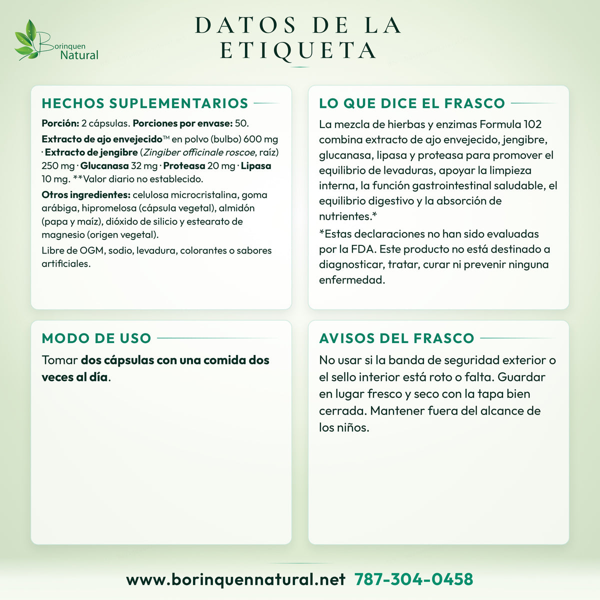 Datos de la etiqueta del Kyolic Formula 102: hechos suplementarios, otros ingredientes, modo de uso y avisos del frasco