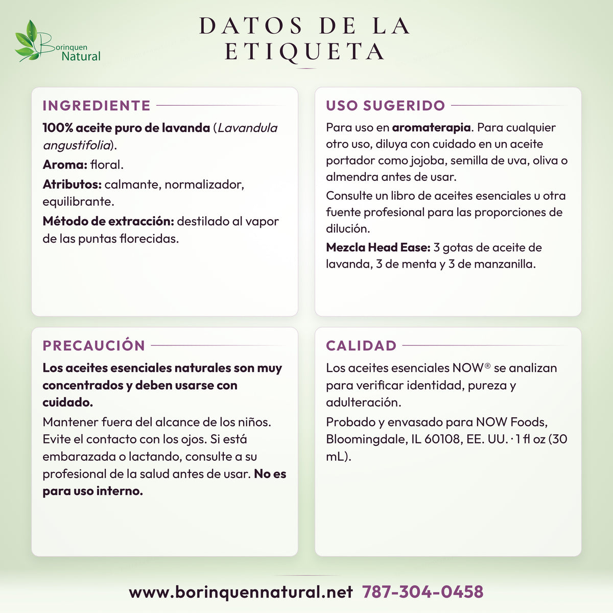Datos de la etiqueta del aceite esencial de lavanda NOW: ingrediente, aroma, atributos, mezcla Head Ease, uso sugerido y precaución