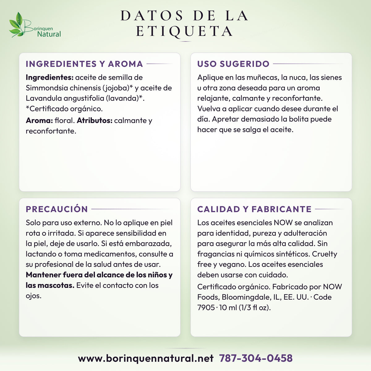 Datos de la etiqueta de la lavanda roll-on NOW: ingredientes, uso sugerido, precaución y calidad