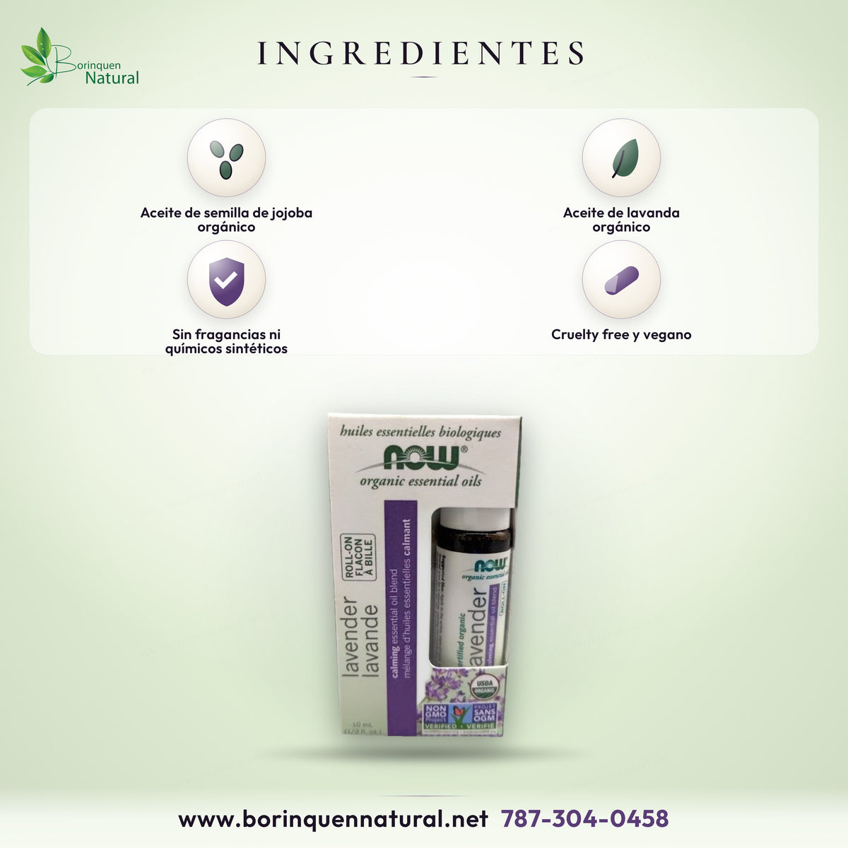 Ingredientes de la lavanda roll-on NOW: aceite de semilla de jojoba y aceite de lavanda, certificados orgánicos