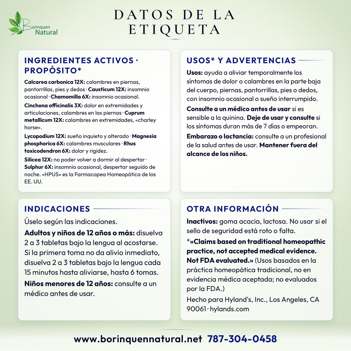 Datos de la etiqueta de Leg Cramps PM de Hyland's: ingredientes activos, usos, advertencias e indicaciones