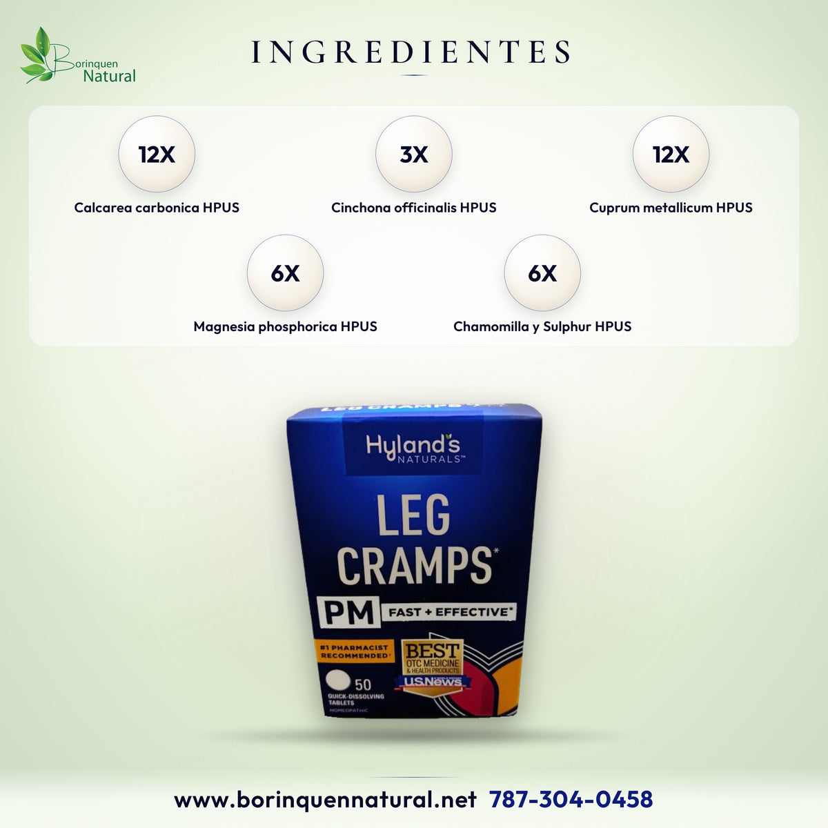 Ingredientes activos de Leg Cramps PM de Hyland's: Calcarea carbonica, Cinchona, Cuprum, Magnesia phosphorica y más