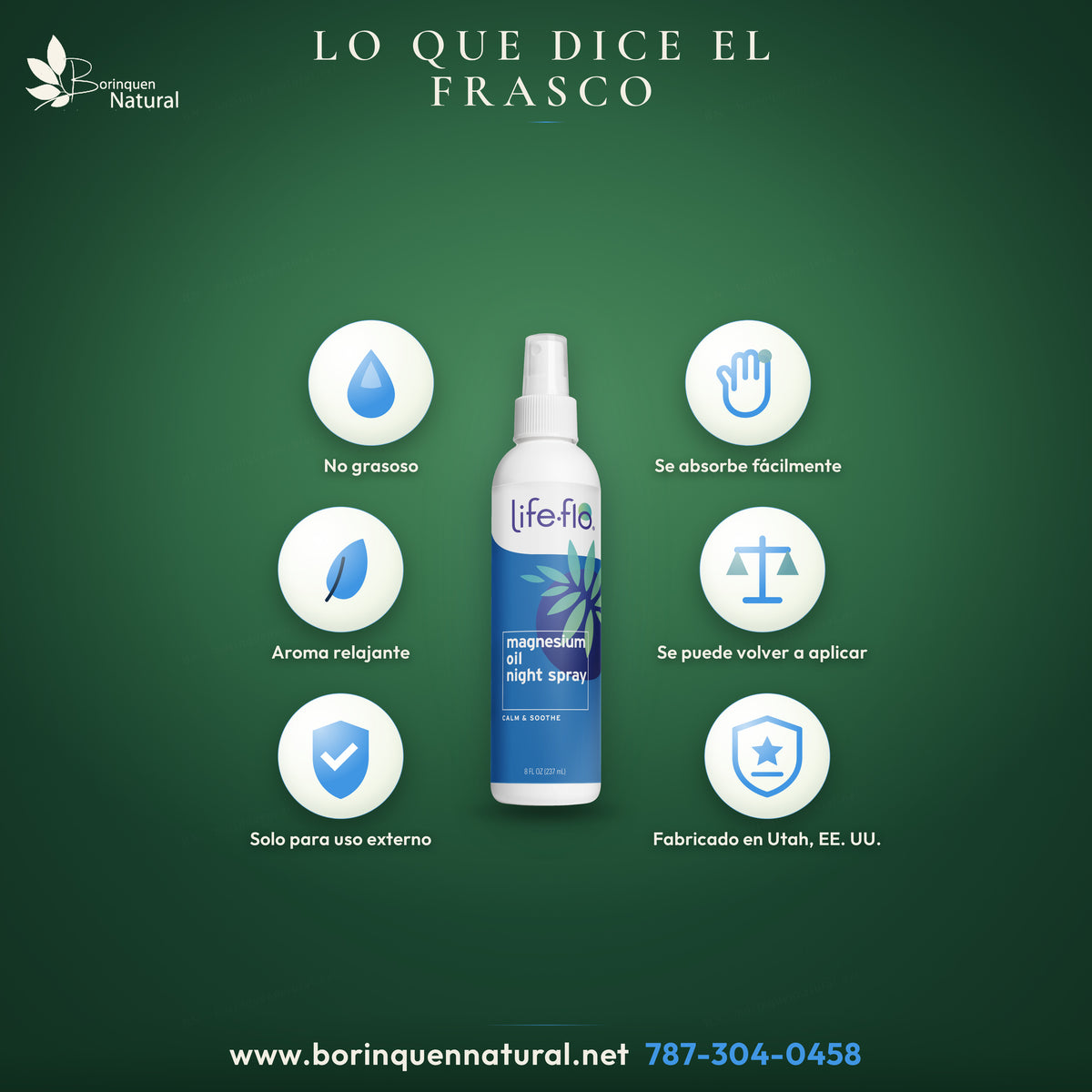 Magnesium Oil Night Spray de Life-flo: no grasoso, se absorbe fácilmente, aroma relajante, solo para uso externo, se puede volver a aplicar