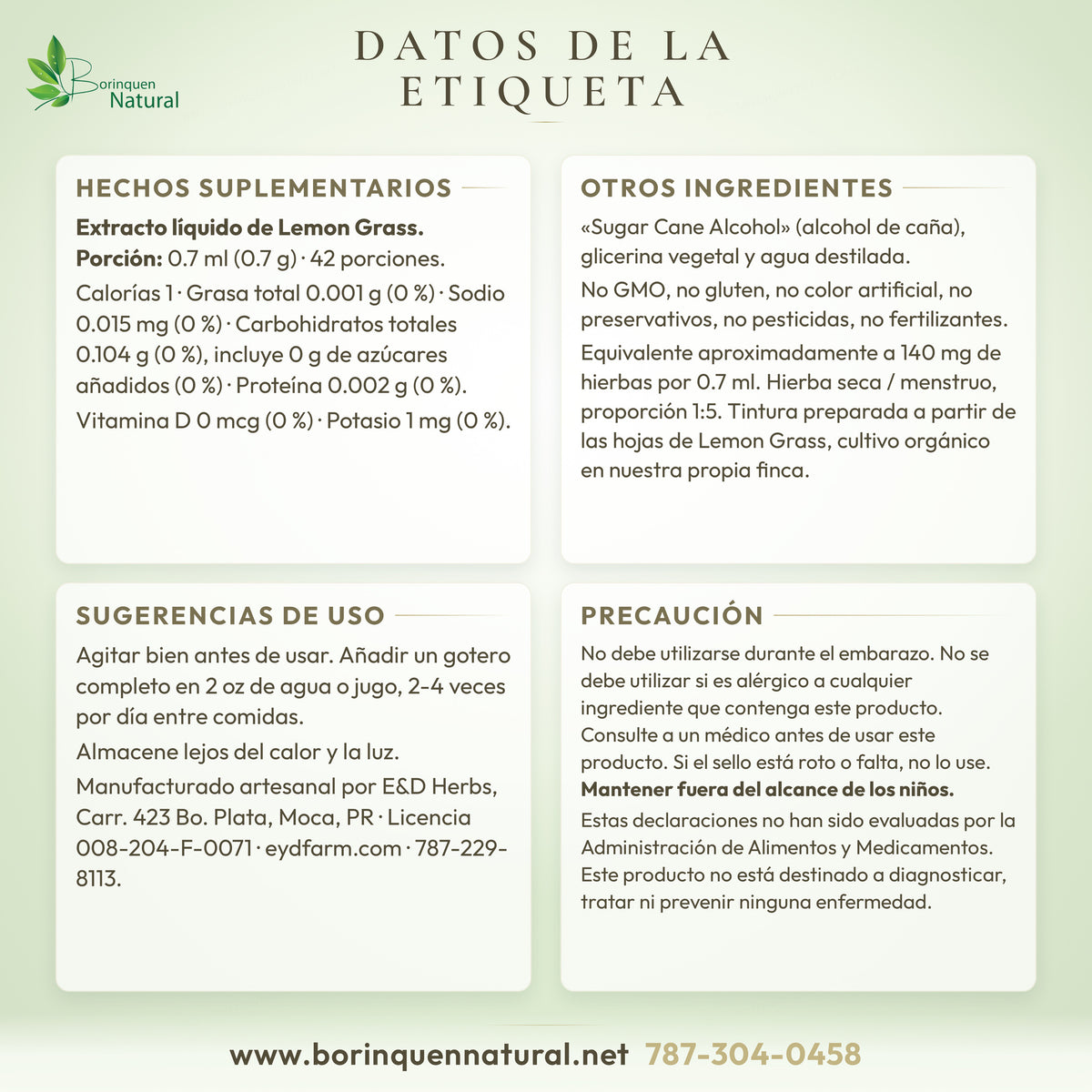 Datos de la etiqueta del Lemon Grass E&D Herbs: hechos suplementarios, otros ingredientes, uso y precaución