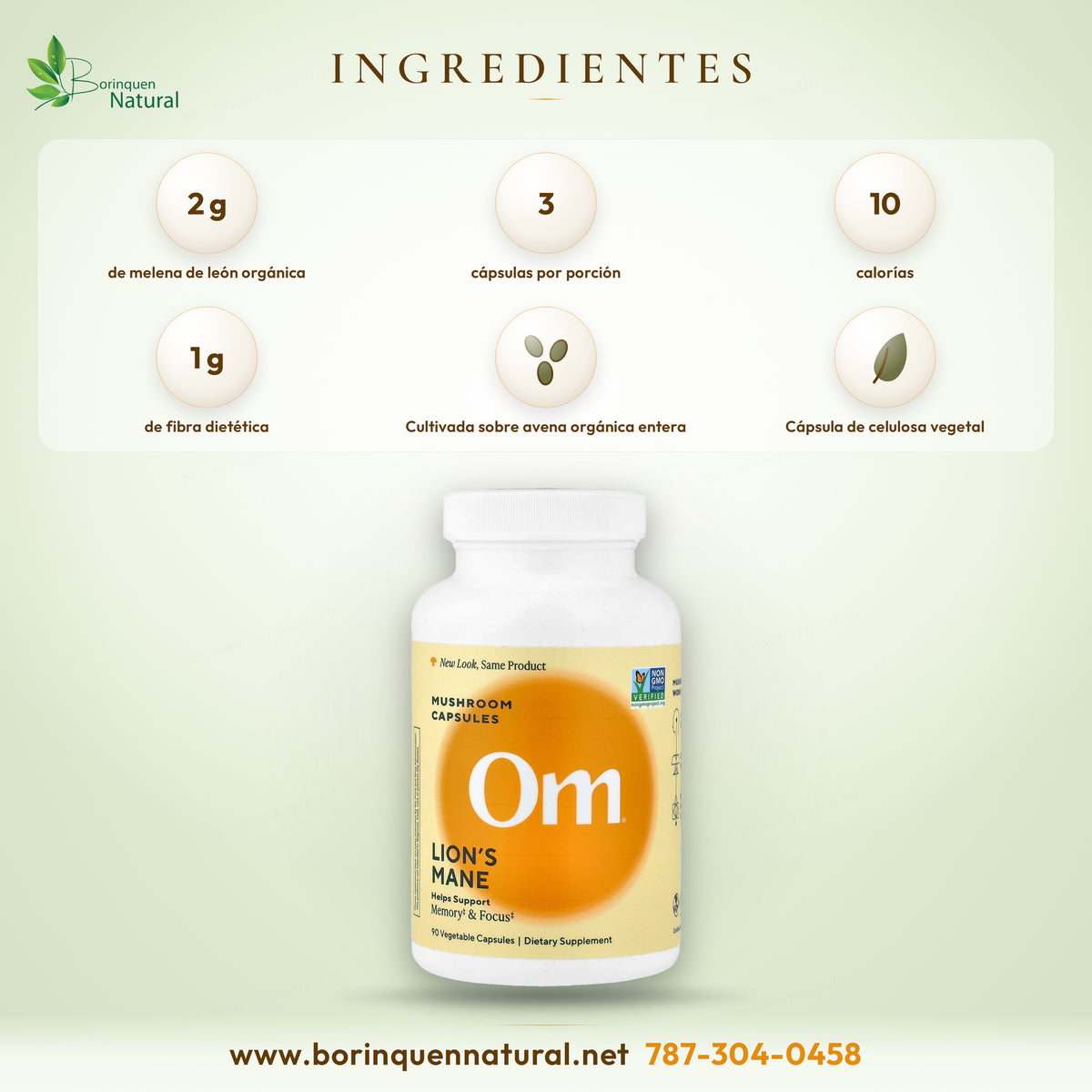 Ingredientes del Lion's Mane de Om: 2 g de melena de león orgánica (biomasa micelial y cuerpo fructífero) por porción de 3 cápsulas