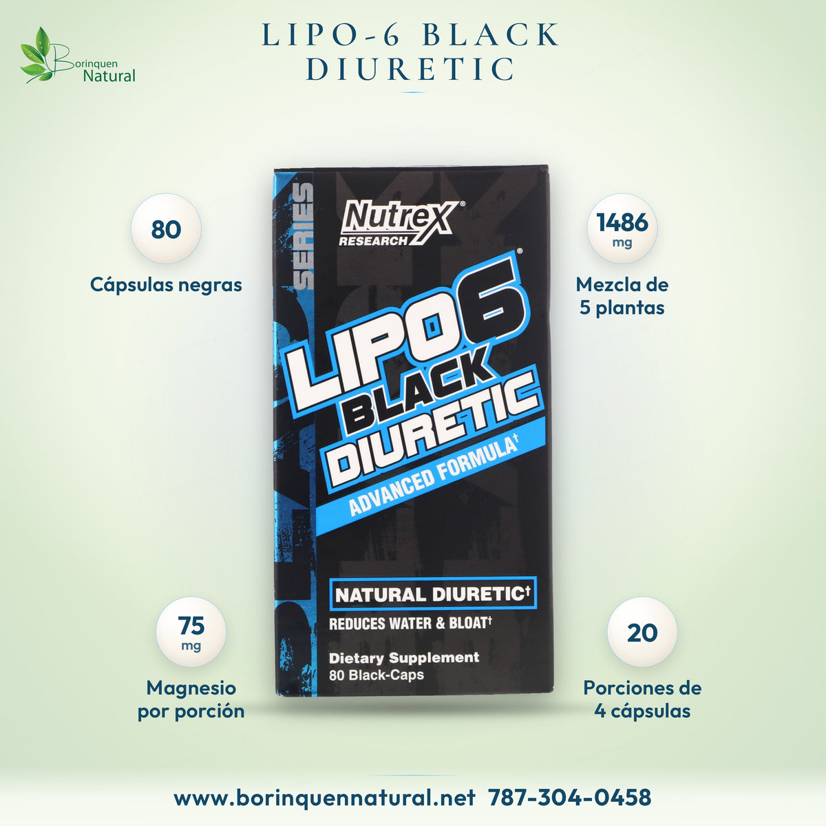 Lipo-6 Black Diuretic de Nutrex, caja de 80 cápsulas negras, 1486 mg de mezcla de plantas por porción