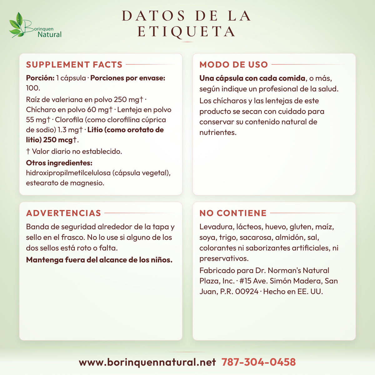Datos de la etiqueta de Lithio-Plex: Supplement Facts, modo de uso, advertencias y lo que no contiene