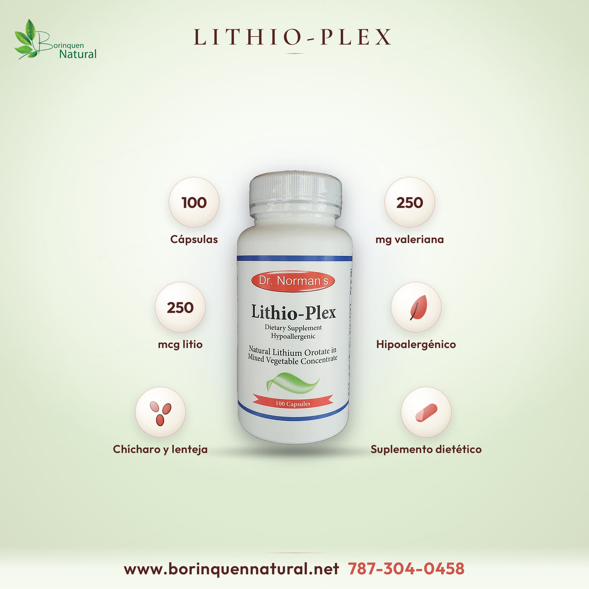 Lithio-Plex de Dr. Norman's, suplemento dietético hipoalergénico de orotato de litio natural en concentrado de vegetales, 100 cápsulas