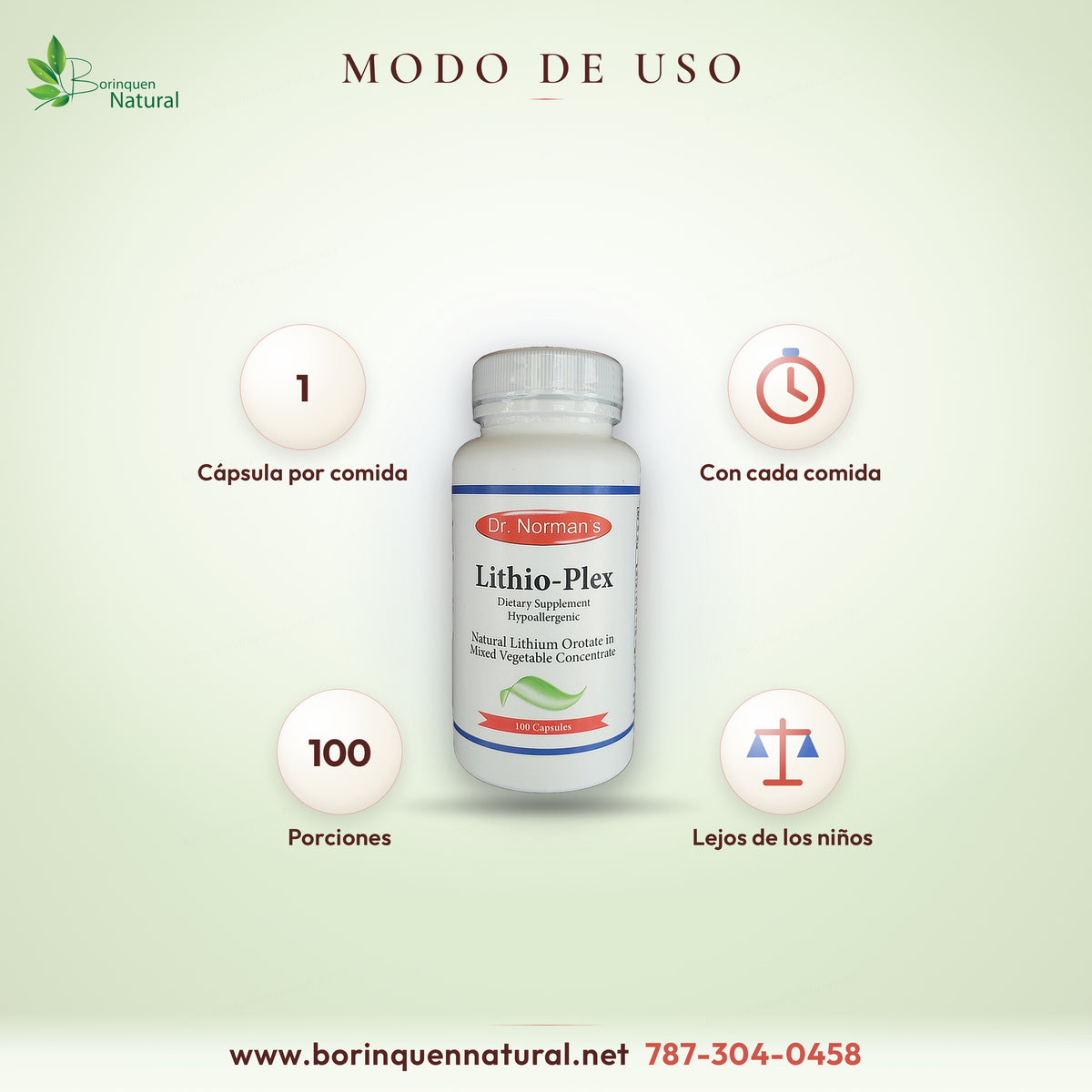 Modo de uso de Lithio-Plex: una cápsula con cada comida, o más, según indique un profesional de la salud; 100 porciones por frasco
