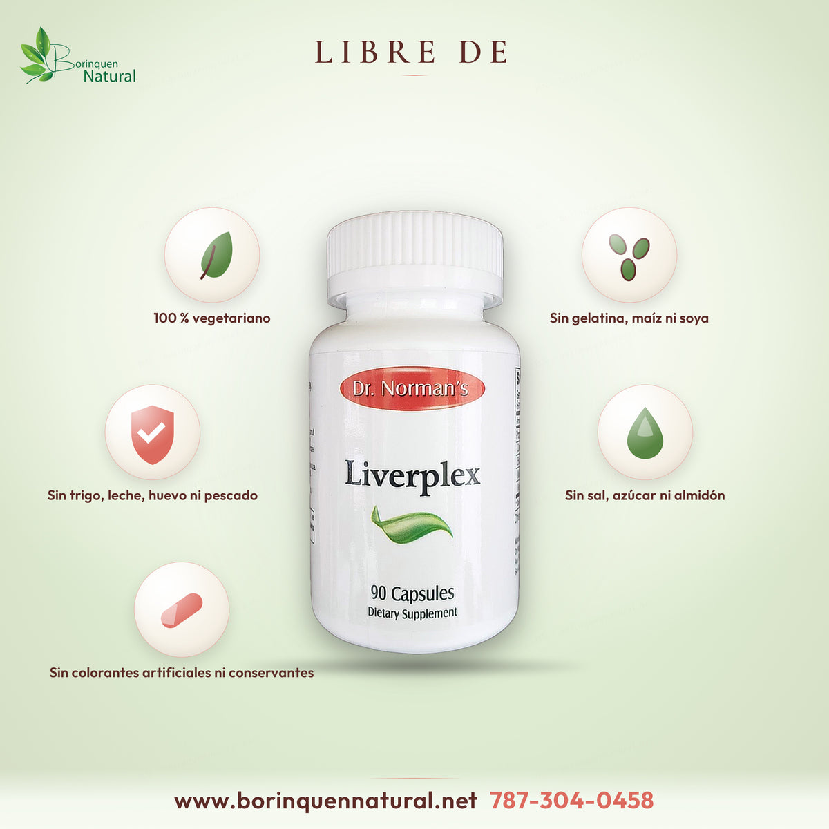 Liverplex de Dr. Norman's: producto 100 % vegetariano, sin gelatina, maíz, soya, sal, trigo, leche, huevo, pescado, azúcar ni almidón