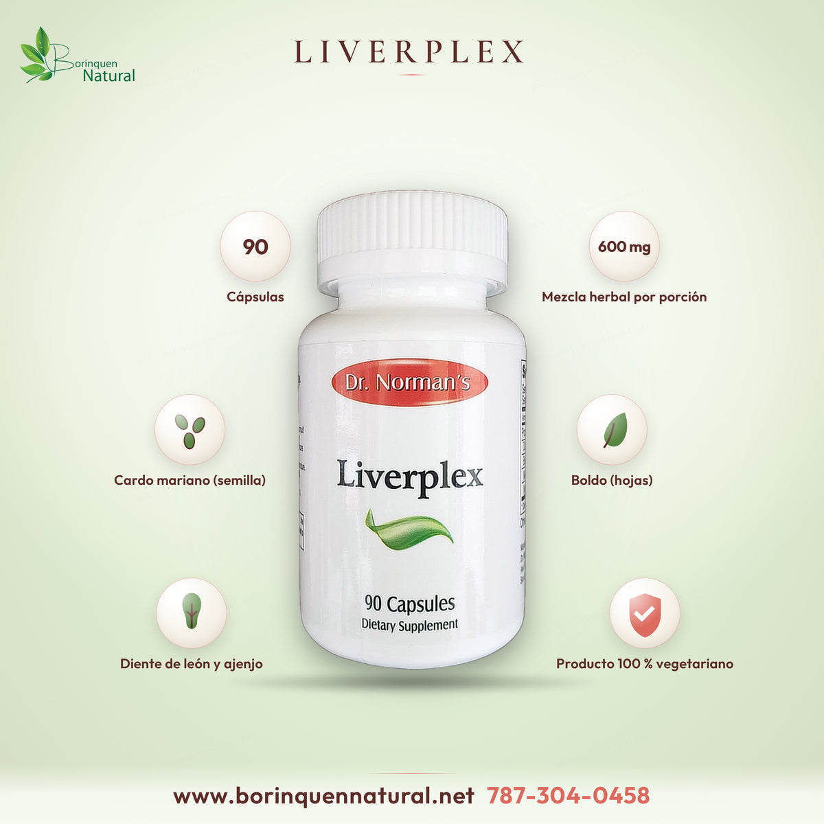 Liverplex de Dr. Norman's, frasco de 90 cápsulas con mezcla herbal de diente de león, boldo, cardo mariano y ajenjo, 600 mg por porción