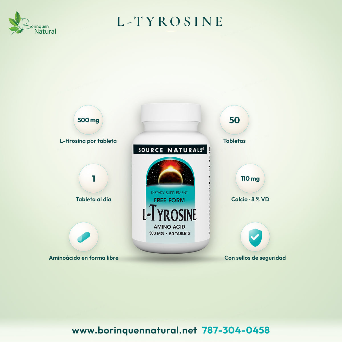 L-Tyrosine de Source Naturals, aminoácido en forma libre, 500 mg por tableta, frasco de 50 tabletas