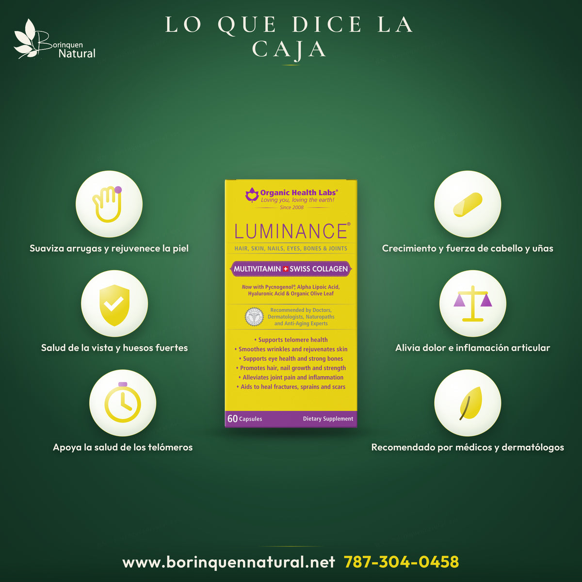Lo que dice la caja de Luminance: cabello, piel, uñas, ojos, huesos y articulaciones; recomendado por médicos, dermatólogos y naturópatas