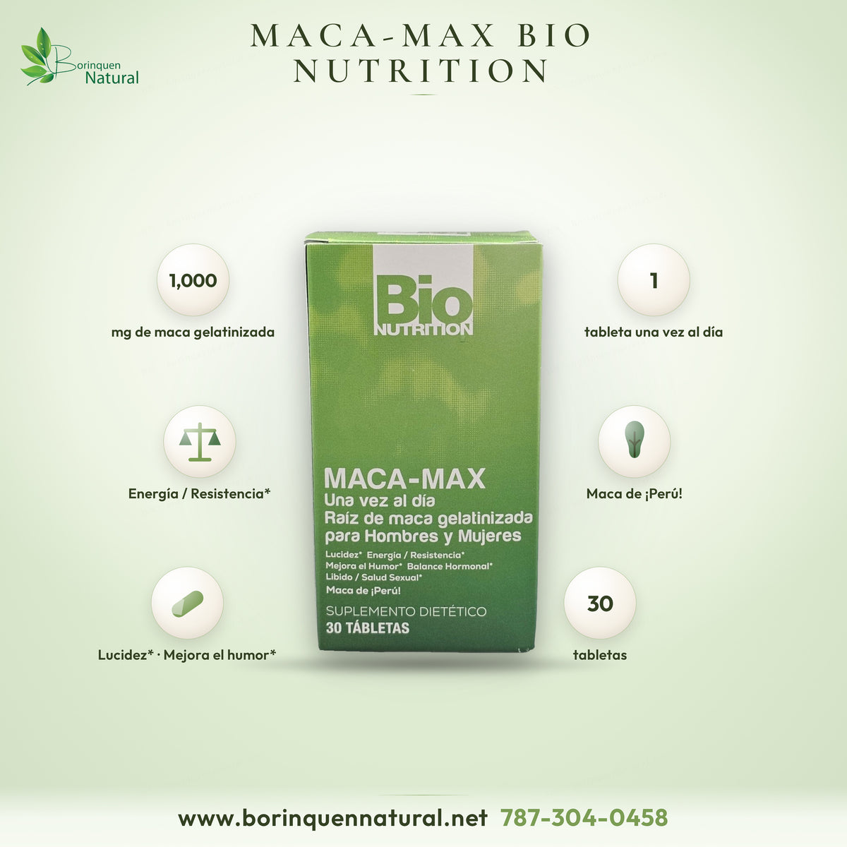 Maca-Max de Bio Nutrition, raíz de maca gelatinizada de 1,000 mg una vez al día para hombres y mujeres, caja de 30 tabletas