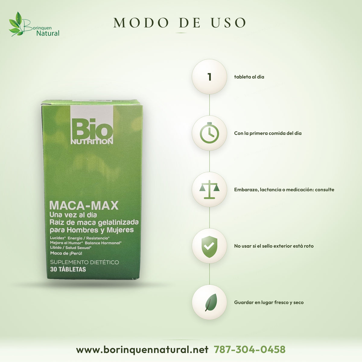 Modo de uso del Maca-Max: 1 tableta al día, preferiblemente con la primera comida del día