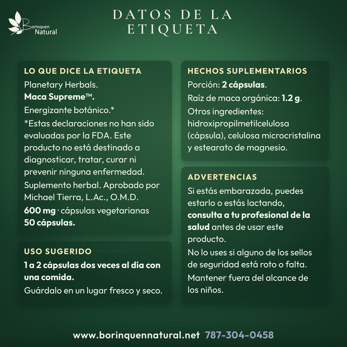 Datos de la etiqueta de Maca Supreme de Planetary Herbals: hechos suplementarios, uso sugerido y advertencias