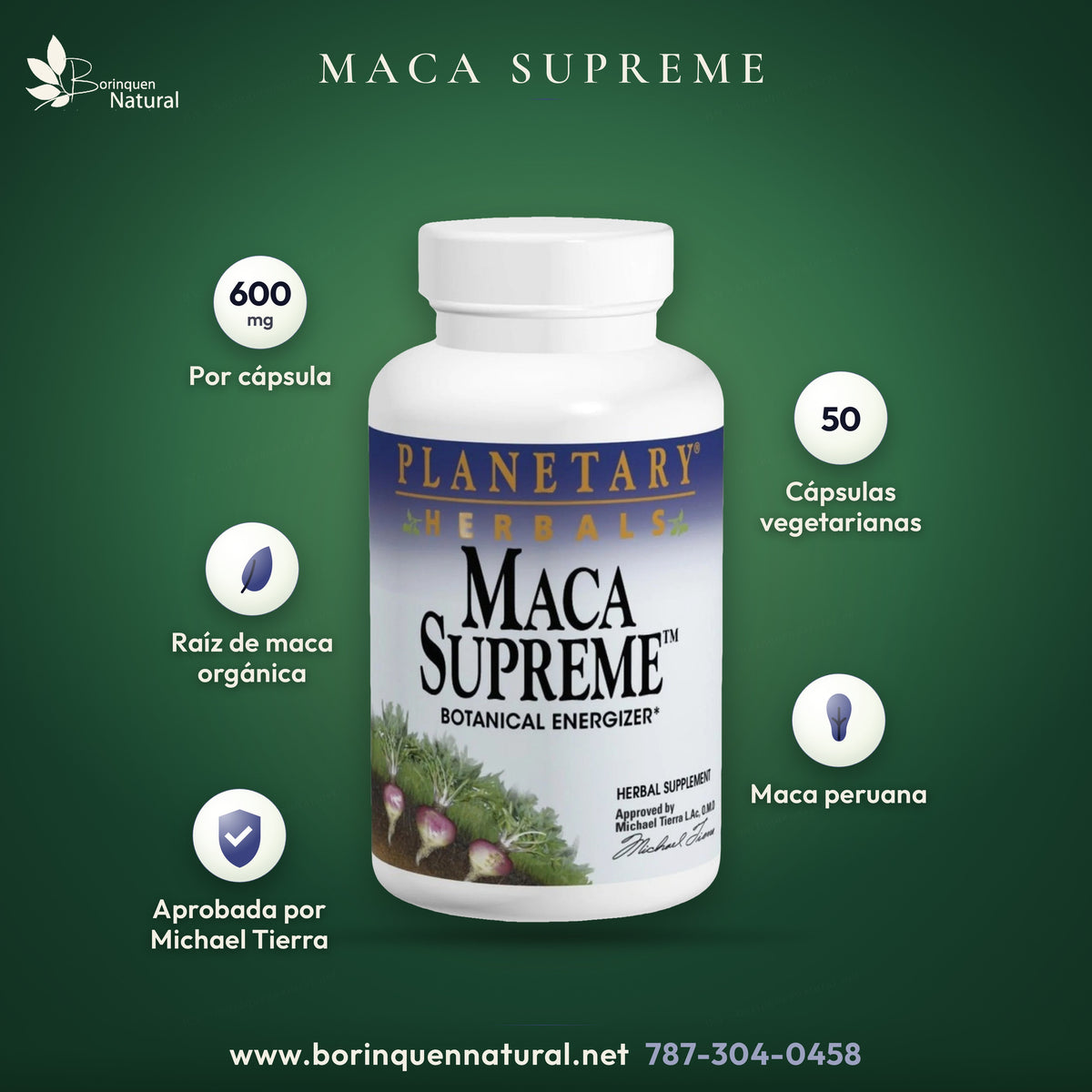 Maca Supreme de Planetary Herbals, frasco de 50 cápsulas vegetarianas de 600 mg de raíz de maca orgánica