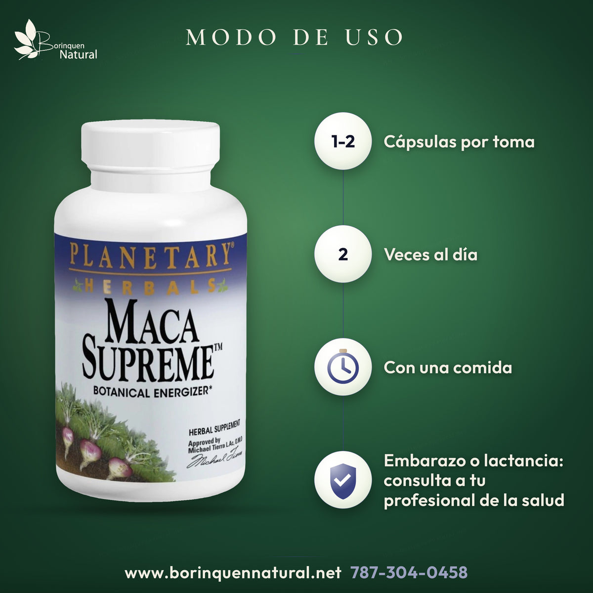 Modo de uso de Maca Supreme de Planetary Herbals: 1 a 2 cápsulas dos veces al día con una comida