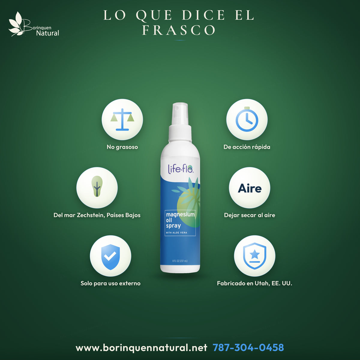 Magnesium Oil Spray with Aloe Vera de Life-flo: no grasoso, de acción rápida, con aloe vera, solo para uso externo