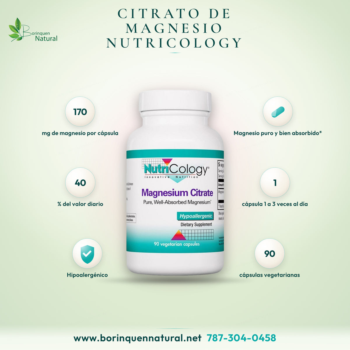 Magnesium Citrate de NutriCology, citrato de magnesio 170 mg por cápsula, suplemento hipoalergénico en frasco de 90 cápsulas vegetarianas
