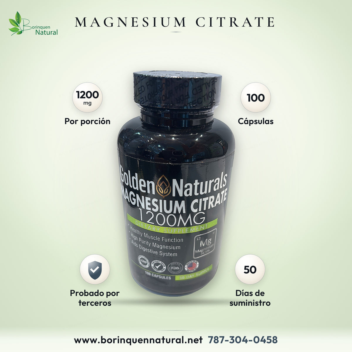 Magnesium Citrate 1200 mg de Golden Naturals, frasco de 100 cápsulas, suplemento dietético para 50 días