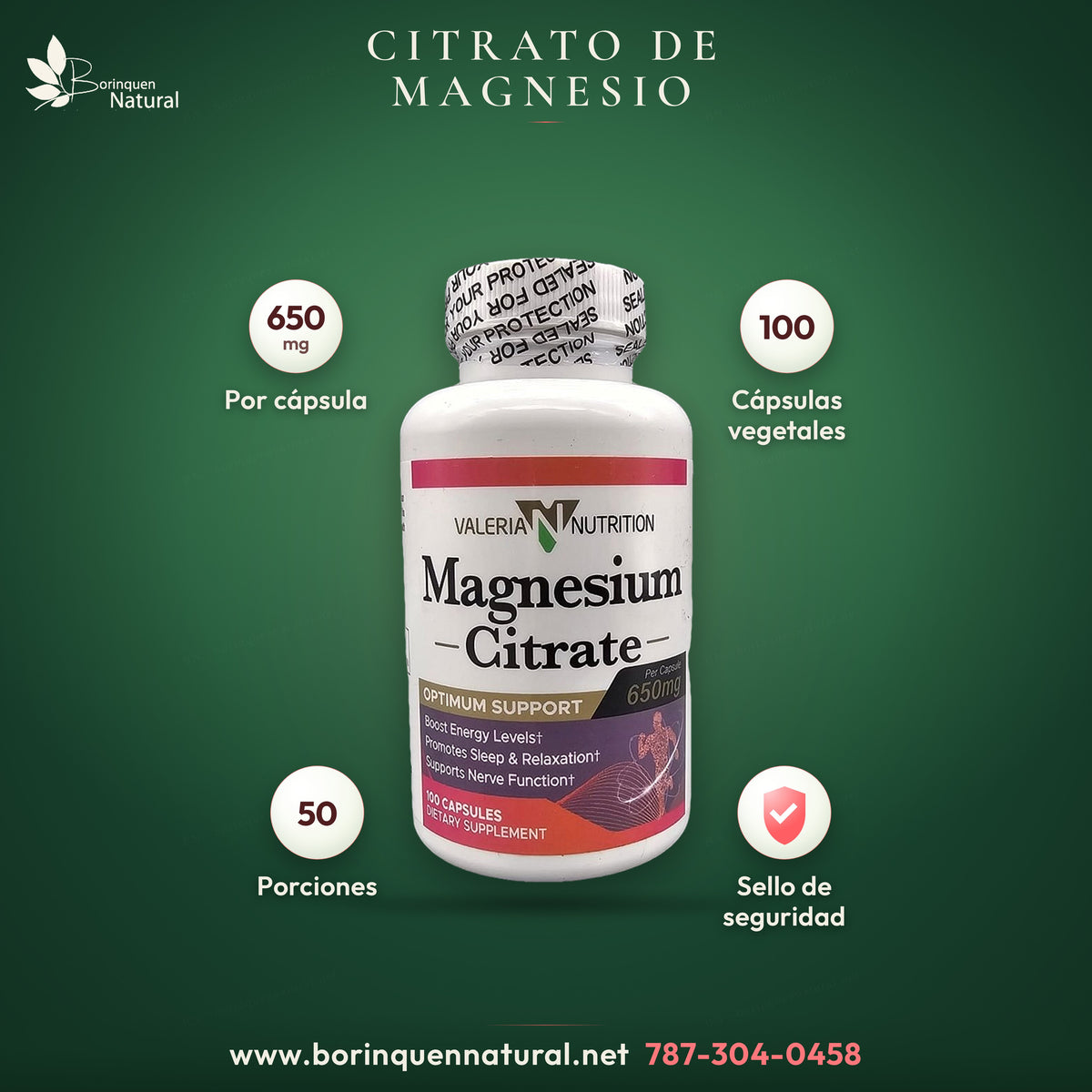 Citrato de magnesio de Valeria Nutrition, 650 mg por cápsula, frasco de 100 cápsulas