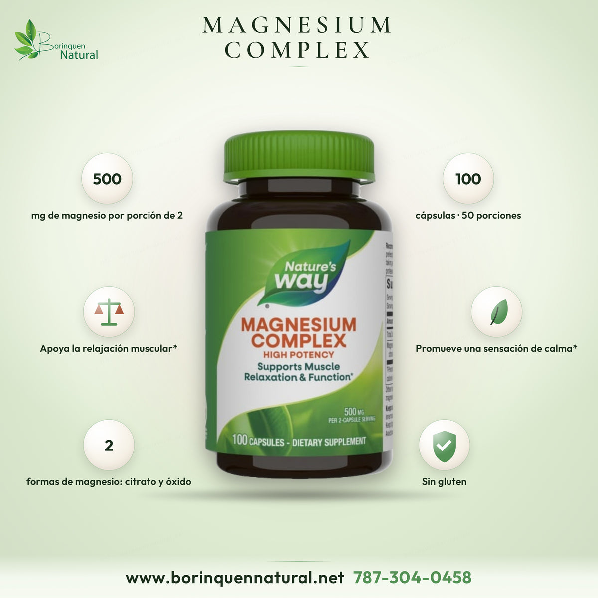 Magnesium Complex de alta potencia de Nature's Way, frasco de 100 cápsulas con 500 mg de magnesio por porción