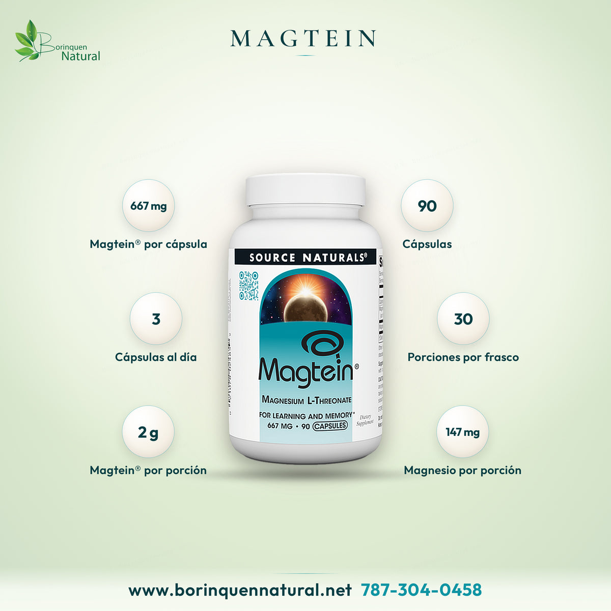 Magtein de Source Naturals, magnesio L-treonato 667 mg por cápsula, frasco de 90 cápsulas