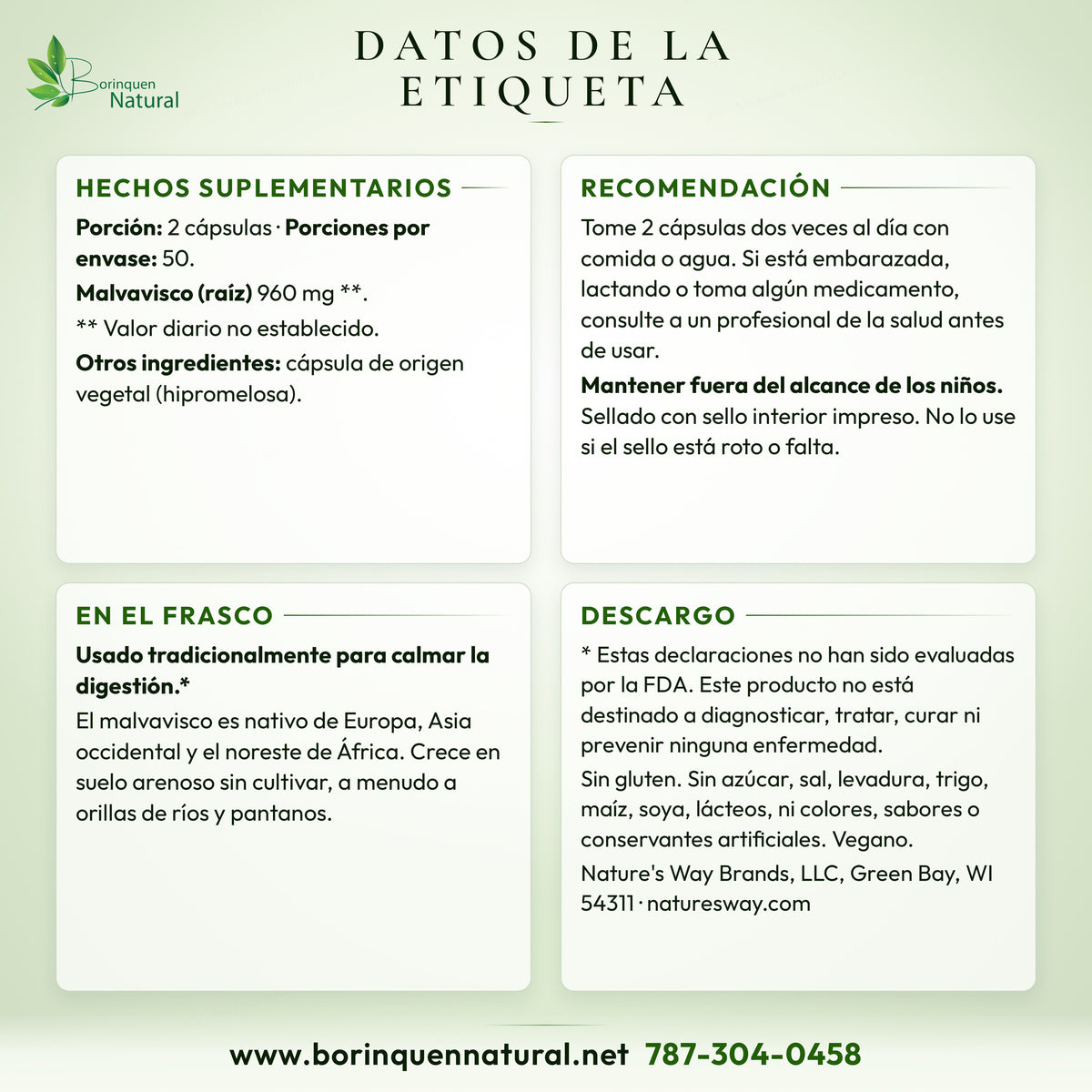 Datos de la etiqueta de la raíz de malvavisco de Nature's Way: hechos suplementarios, uso y lo que dice el frasco