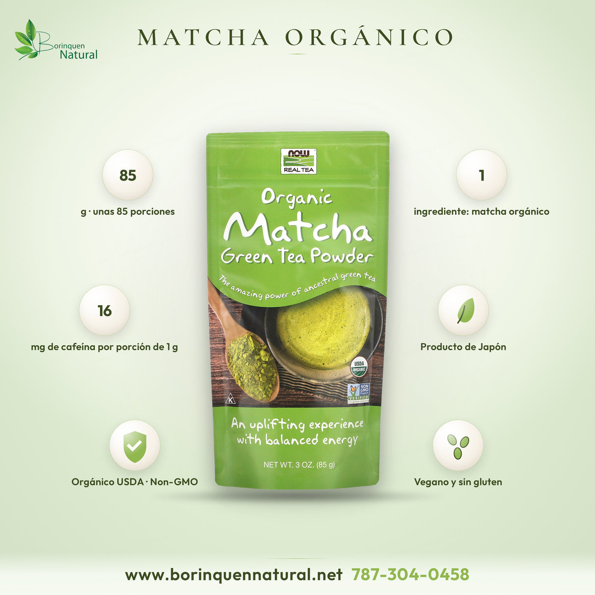 Matcha orgánico en polvo NOW Real Tea, té verde de Japón de grado culinario, bolsa de 3 oz (85 g), certificado orgánico USDA