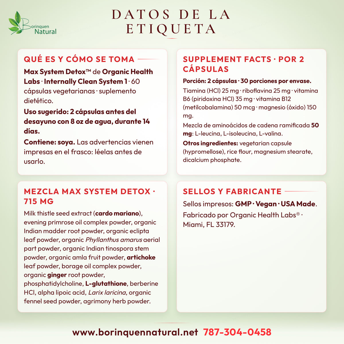 Datos de la etiqueta de Max System Detox de Organic Health Labs: modo de uso, Supplement Facts e ingredientes de la mezcla