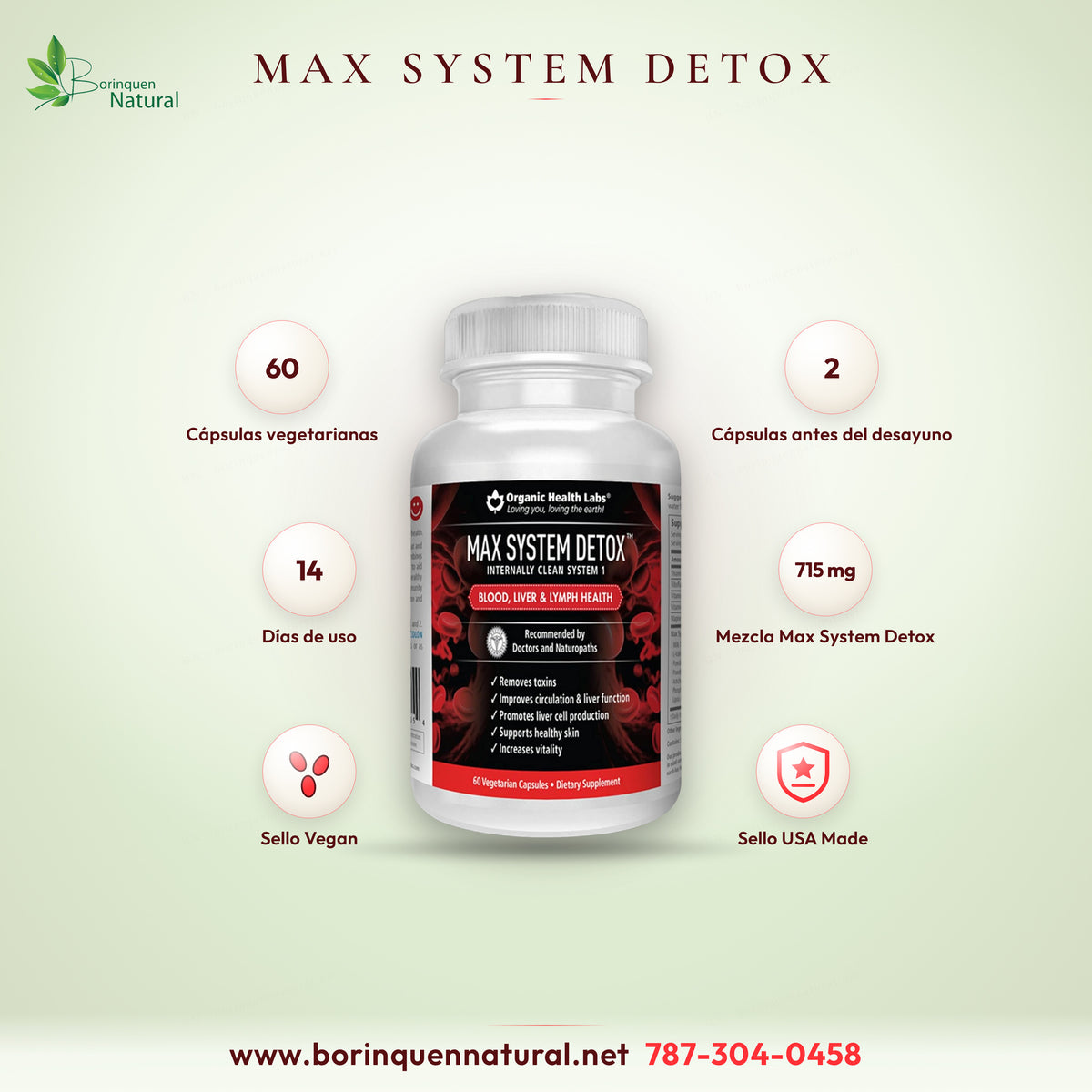 Max System Detox de Organic Health Labs, Internally Clean System 1, 60 cápsulas vegetarianas con cardo mariano, alcachofa y vitaminas B