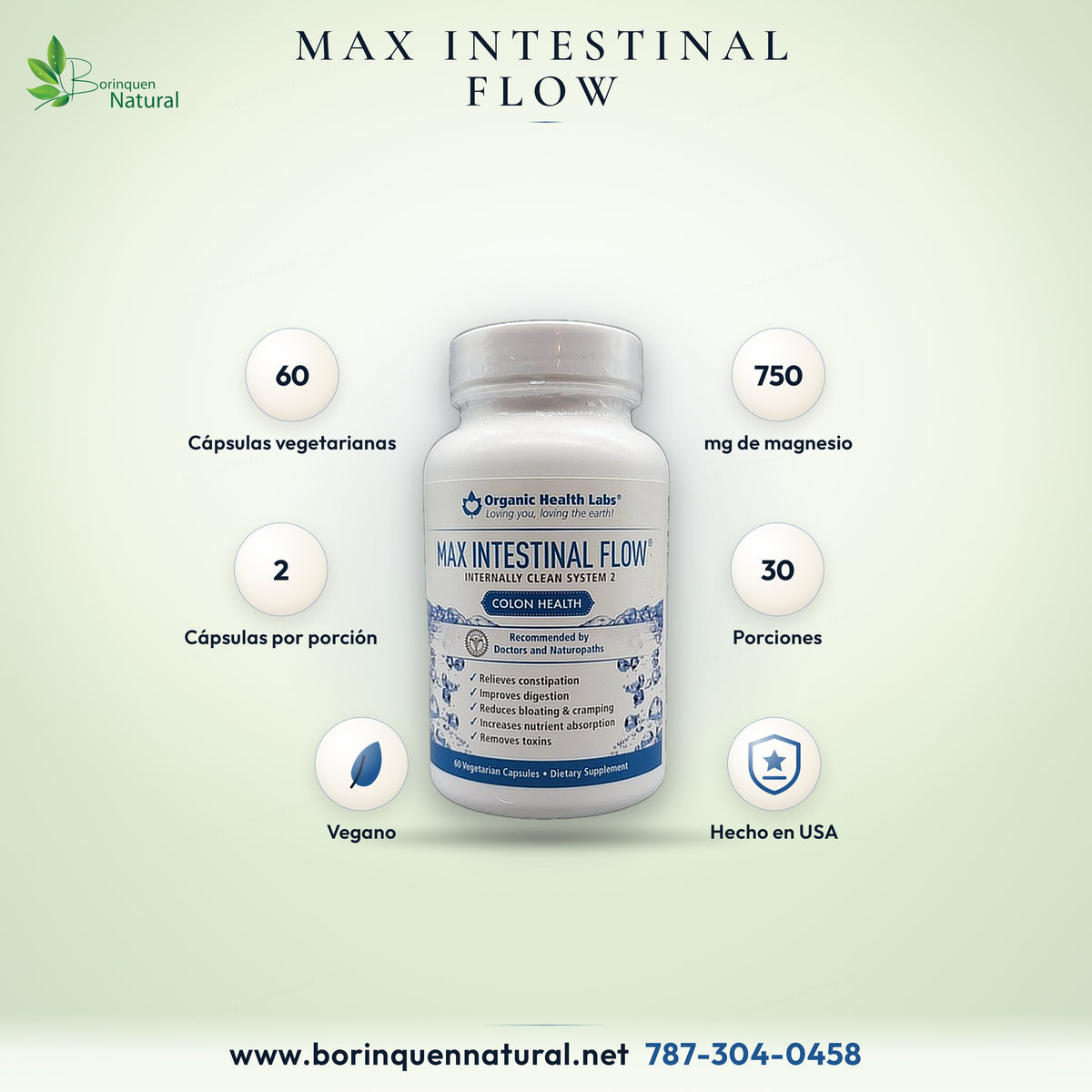 Max Intestinal Flow de Organic Health Labs, Internally Clean System 2, suplemento dietético en 60 cápsulas vegetarianas