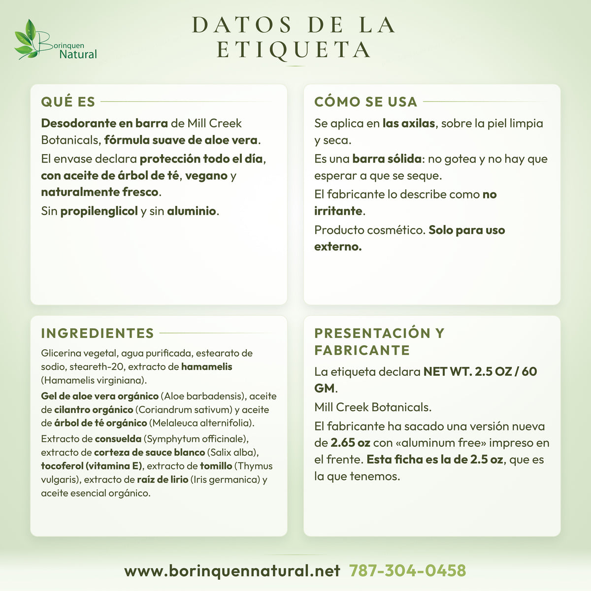 Datos del desodorante de aloe vera de Mill Creek: qué es, cómo se usa, ingredientes y presentación