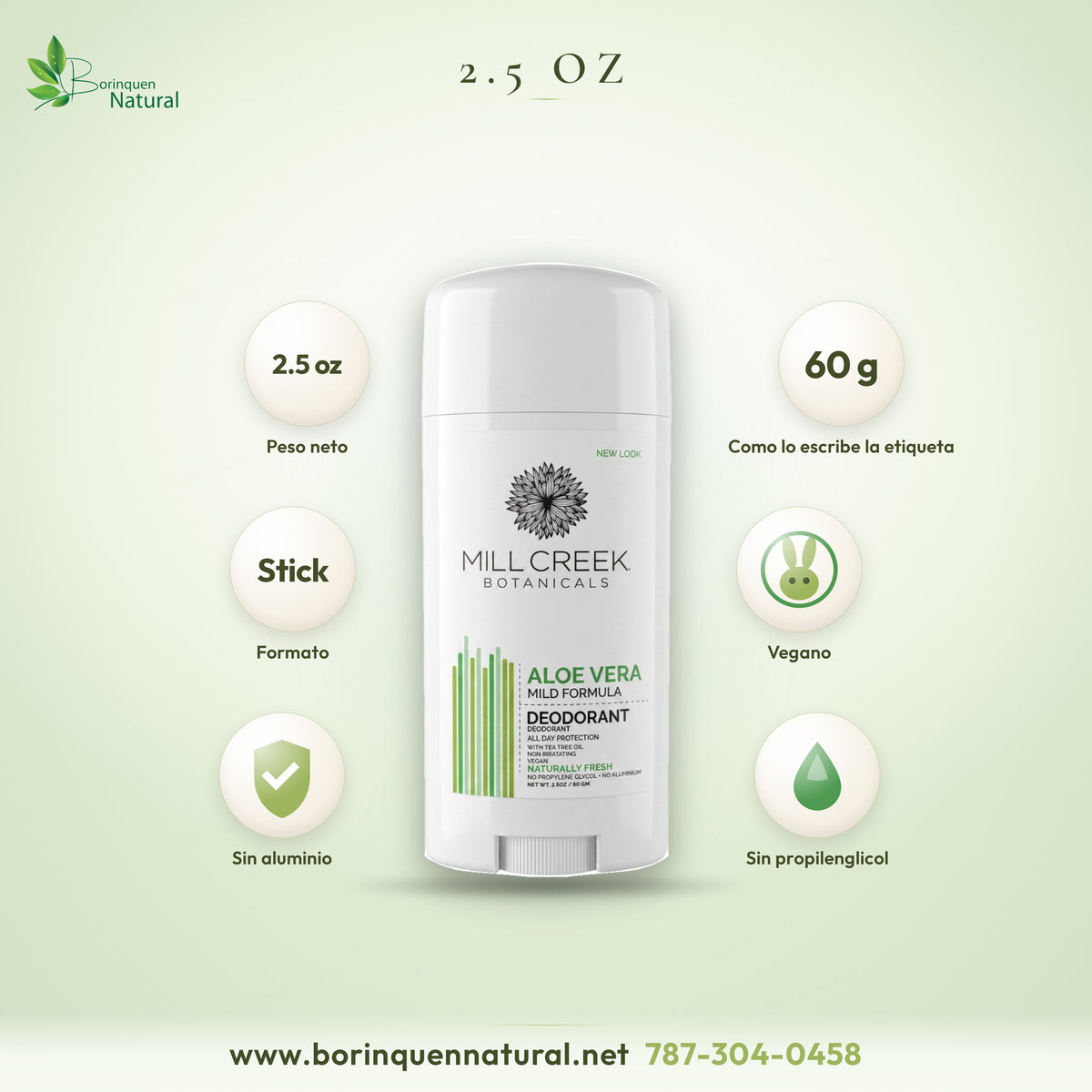 Formato del desodorante de aloe vera de Mill Creek: barra de 2.5 oz, vegana, sin aluminio y sin propilenglicol