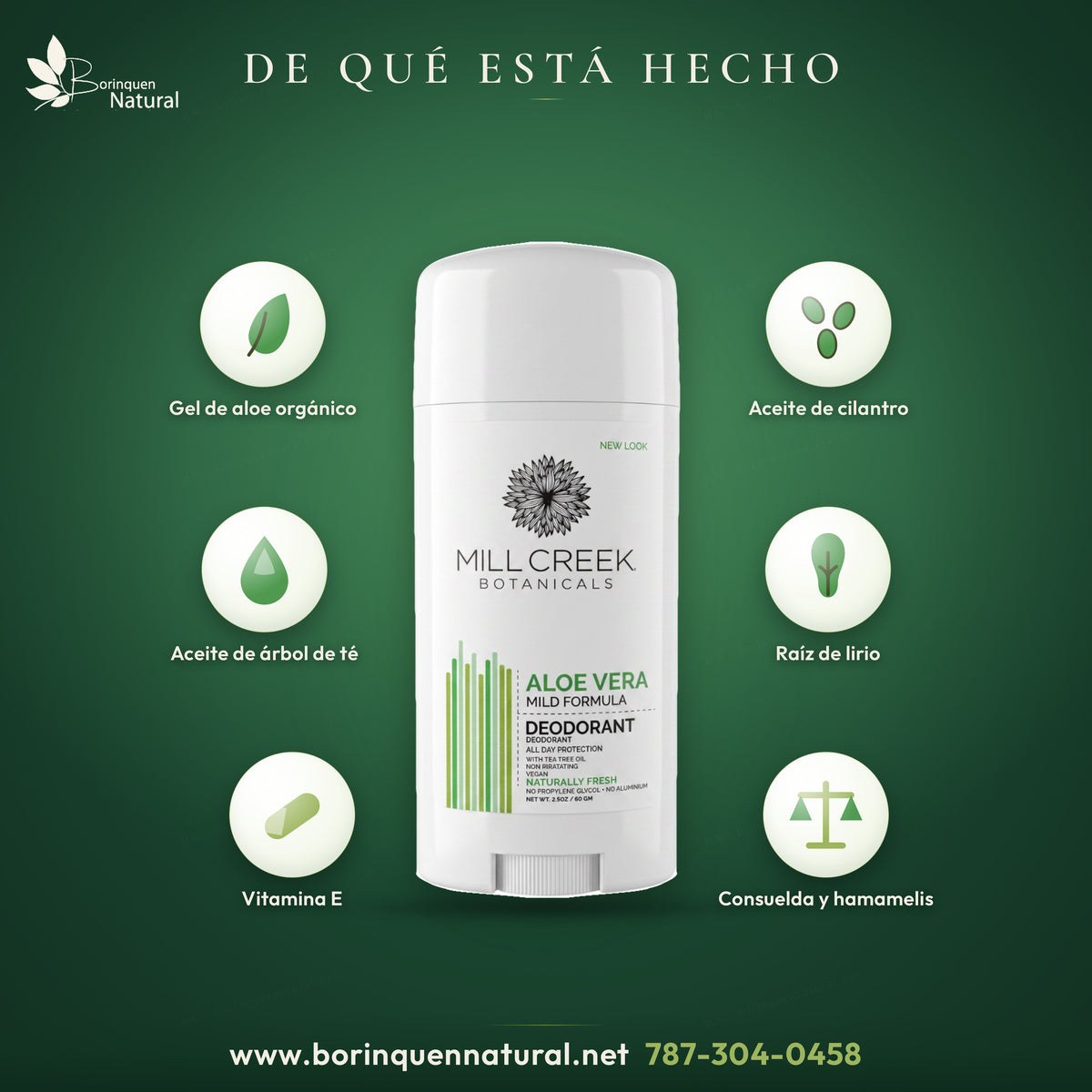 Ingredientes del desodorante de aloe vera: gel de aloe orgánico, aceite de cilantro, árbol de té, consuelda, hamamelis y vitamina E