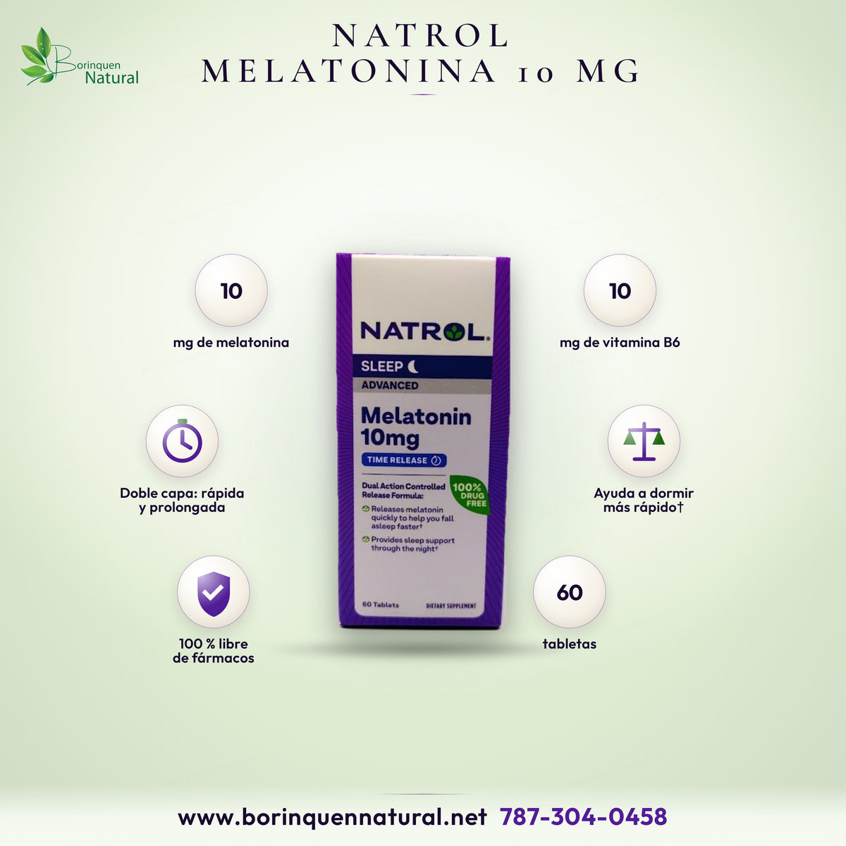 Melatonina 10 mg Natrol Advanced Sleep de liberación prolongada, tableta de doble capa, caja de 60 tabletas