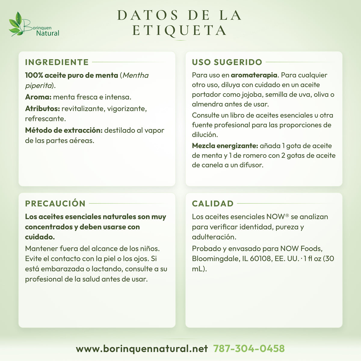 Datos de la etiqueta del aceite esencial de menta NOW: ingrediente, aroma, atributos, mezcla energizante, uso sugerido y precaución