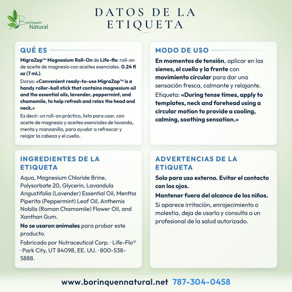 Datos de la etiqueta de MigraZap Magnesium Roll-On de Life-flo: lo que dice el envase, modo de uso, ingredientes y advertencias