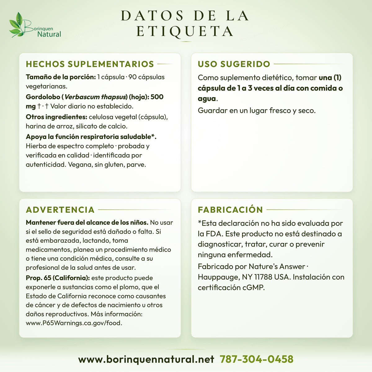 Datos de la etiqueta del gordolobo de Nature's Answer: hechos suplementarios, otros ingredientes, uso sugerido, advertencias y descargo de la FDA
