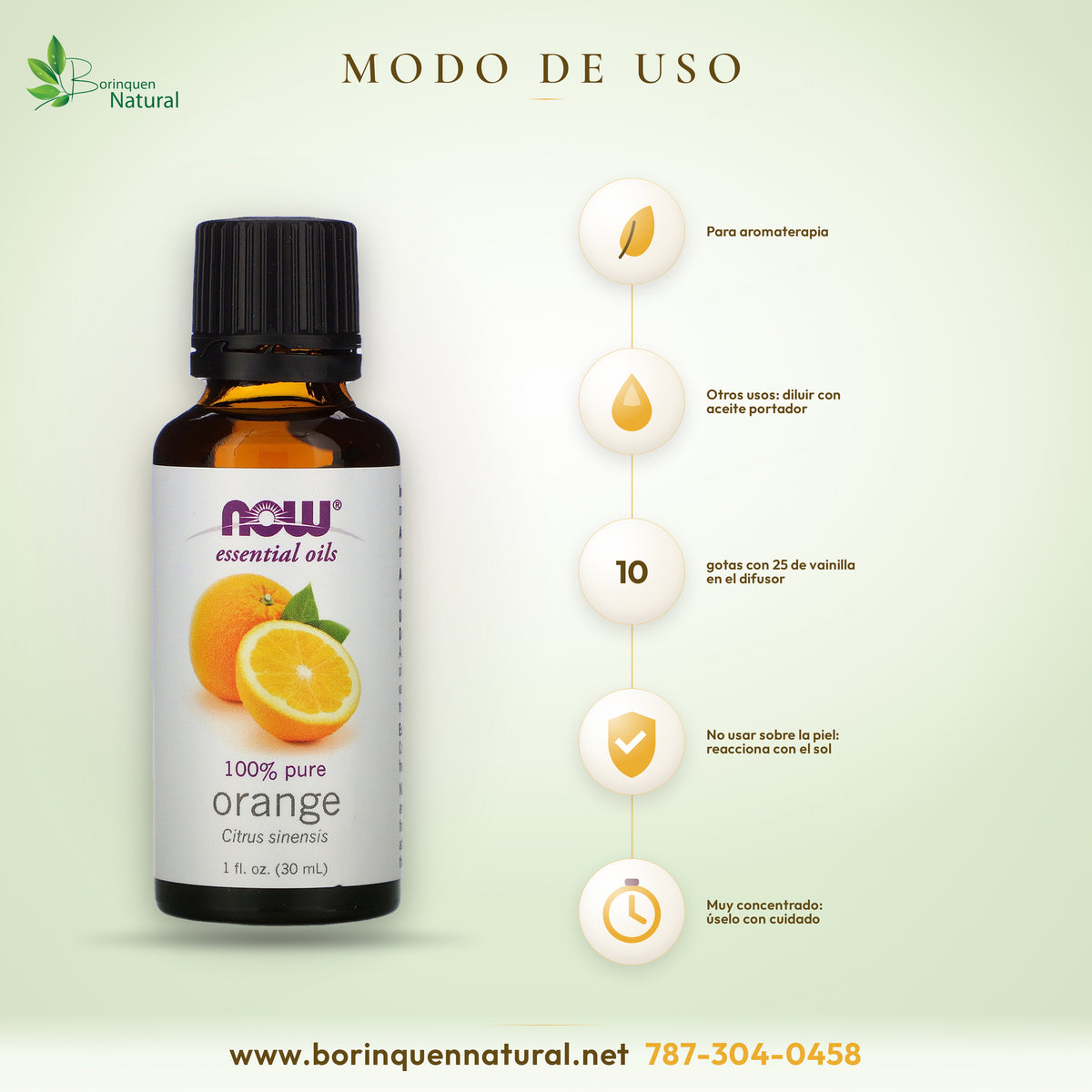 Modo de uso del aceite de naranja NOW: aromaterapia; no usar sobre la piel ni por la boca