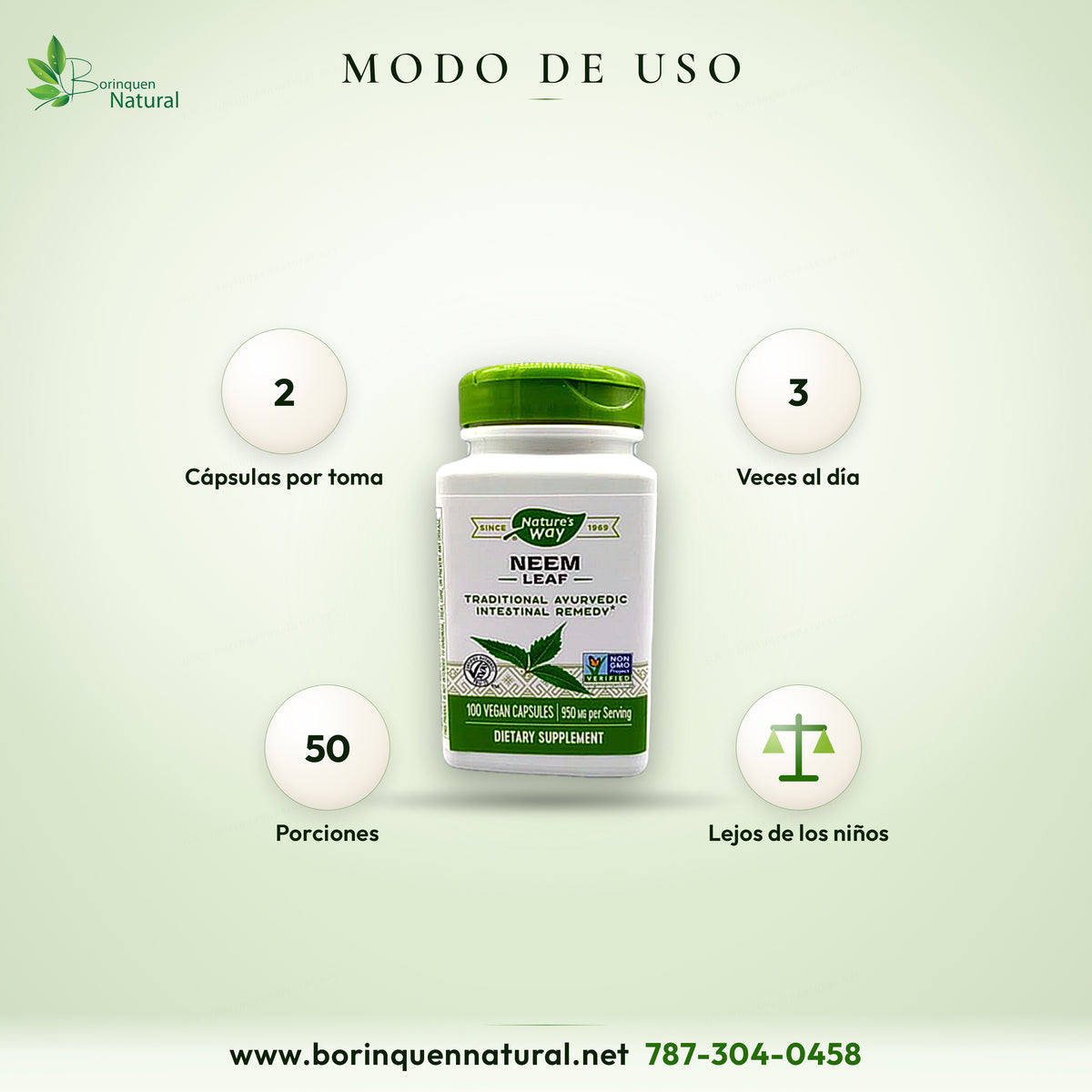 Modo de uso de Neem Leaf Nature's Way: tome 2 cápsulas tres veces al día; 50 porciones por frasco