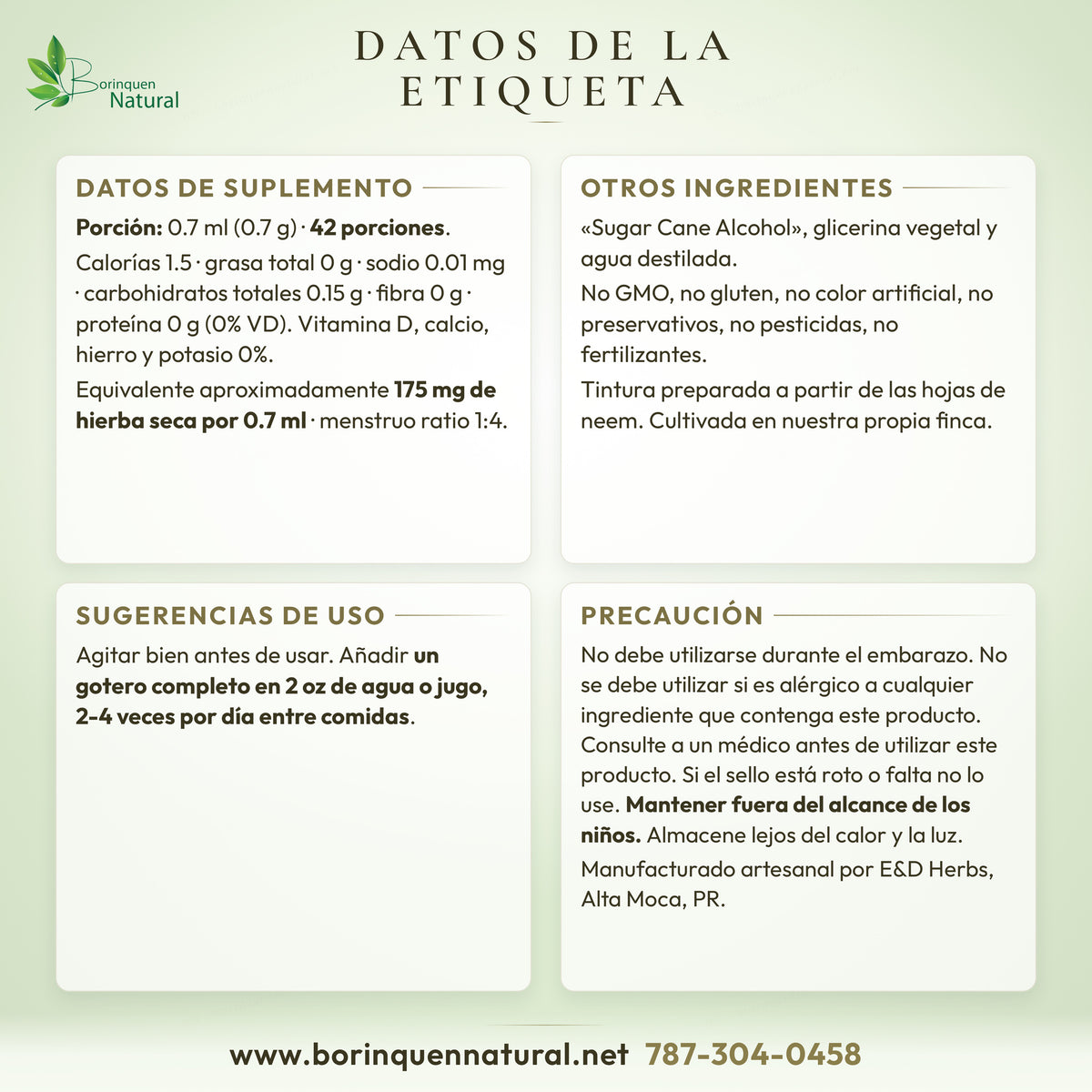 Datos de la etiqueta del neem de E&D Herbs: datos de suplemento, otros ingredientes, sugerencias de uso y precaución