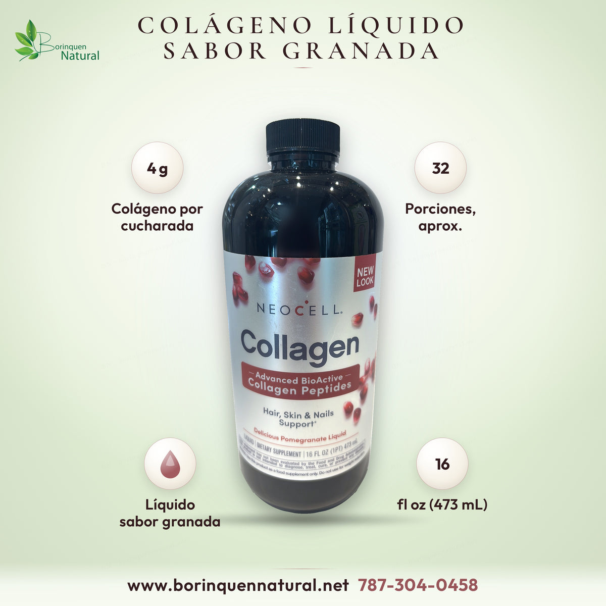Colágeno líquido NeoCell sabor granada, botella de 16 oz (473 mL): 4 g de péptidos de colágeno por cucharada