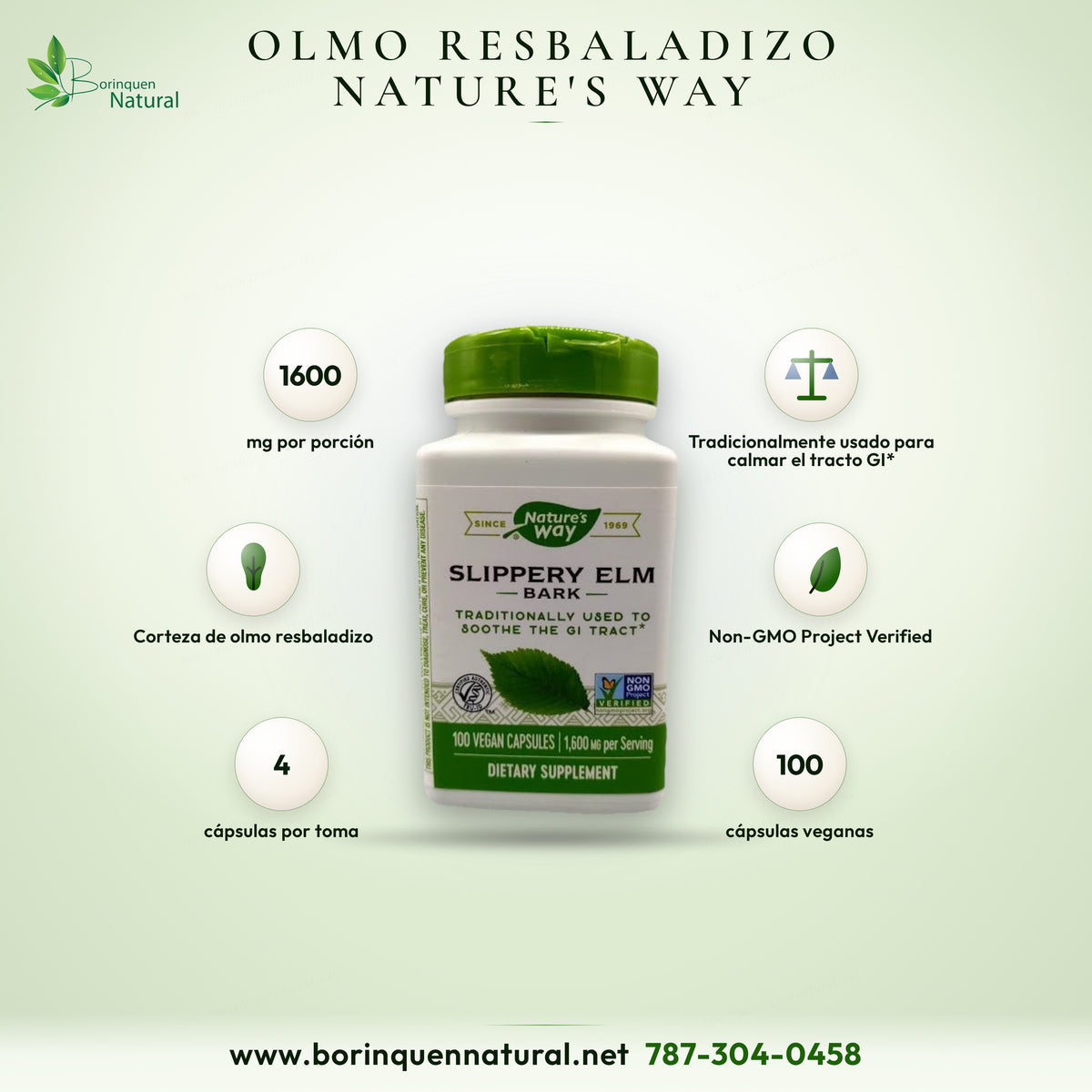 Olmo resbaladizo (Slippery Elm Bark) de Nature's Way, corteza tradicionalmente usada para calmar el tracto gastrointestinal, frasco de 100 cápsulas veganas