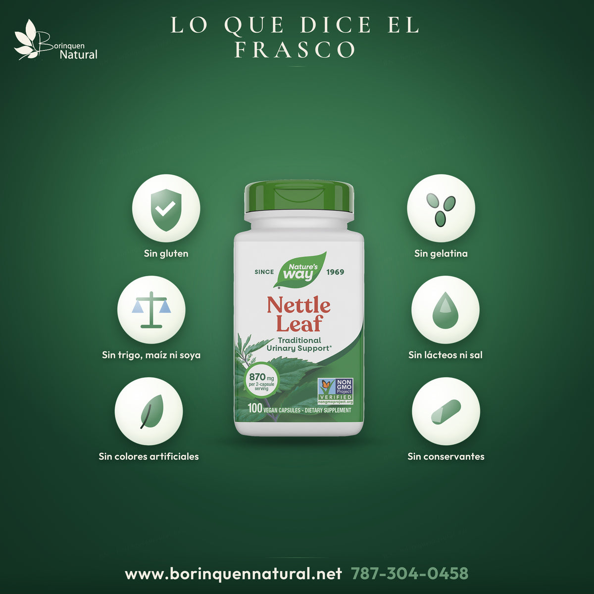 Nettle Leaf de Nature's Way: sin gluten, sin gelatina, sin sal, trigo, maíz, soya ni lácteos, sin colores, sabores ni conservantes artificiales