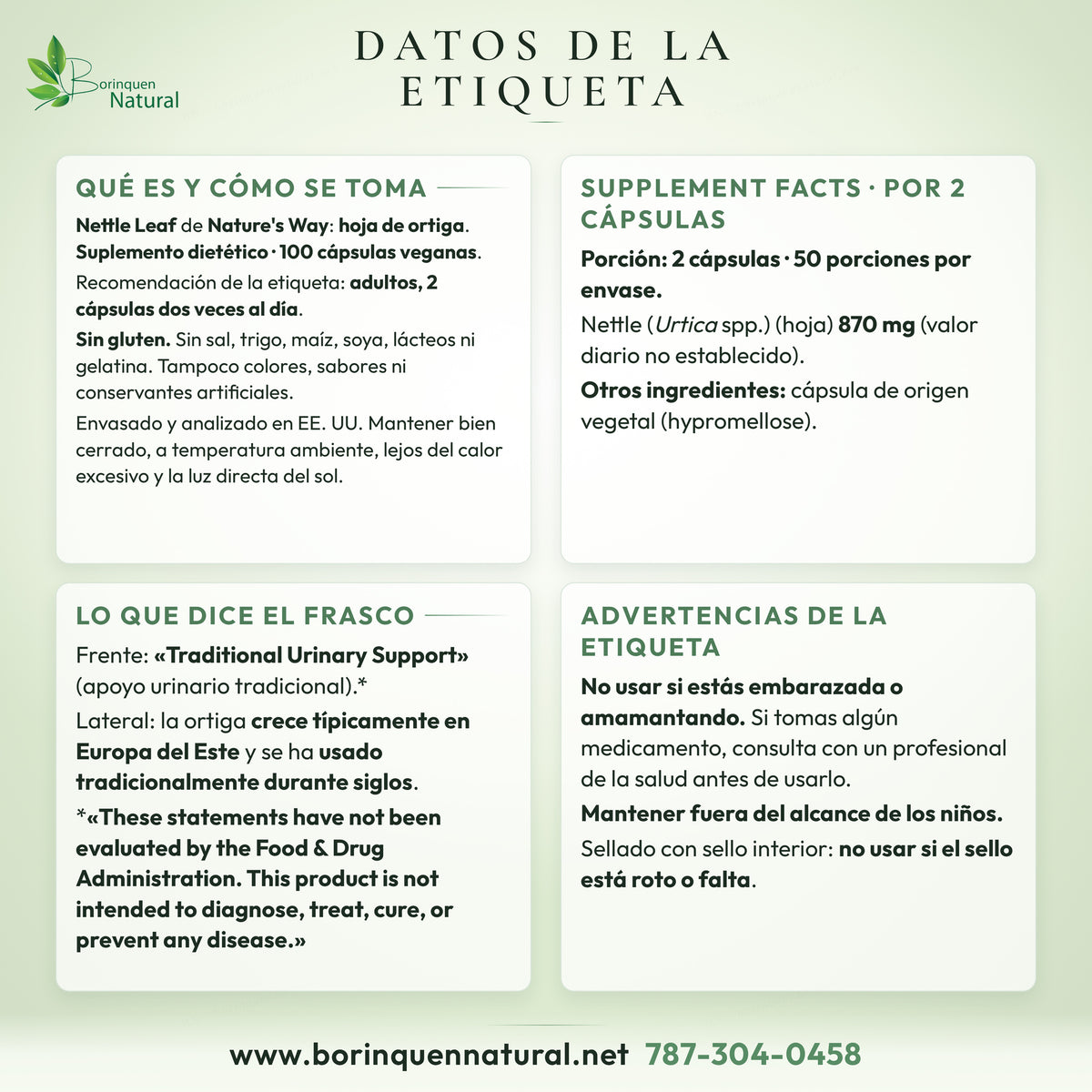 Datos de la etiqueta de Nettle Leaf de Nature's Way: Supplement Facts, modo de uso, otros ingredientes, lo que dice el frasco y advertencias