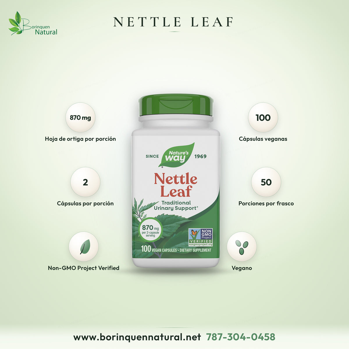 Nettle Leaf de Nature's Way, hoja de ortiga 870 mg por porción de 2 cápsulas, frasco de 100 cápsulas veganas