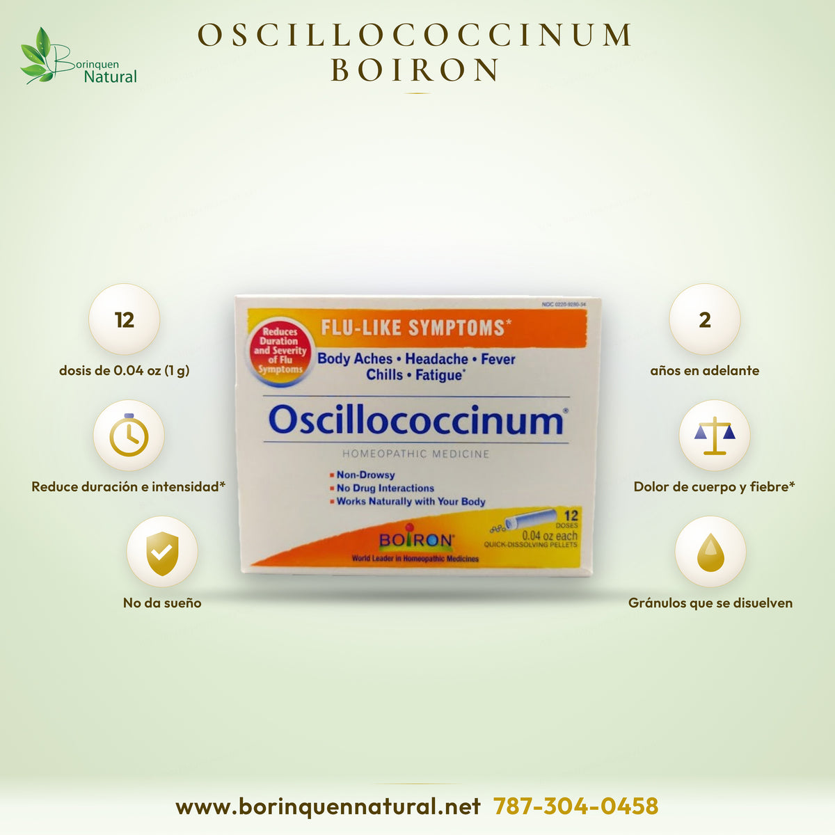 Oscillococcinum de Boiron, medicamento homeopático para síntomas tipo gripe, caja de 12 dosis de gránulos
